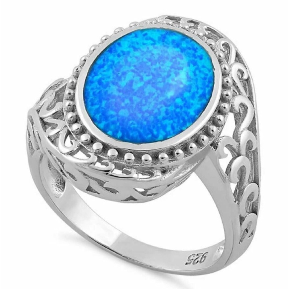 925 STERLING SILVER Lab Created Blue Fire Opal Ring - Picture 13 of 16